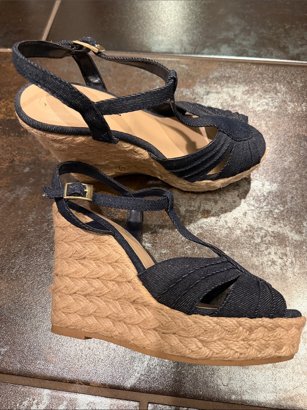 American Eagle Outfitters Navy Blue Woven T-Strap Wedge Sandals